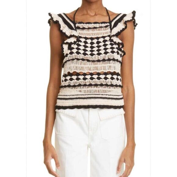 Zimmermann Anneke Halterneck Striped Crochet Crop Tank Top Shirt Cotton Size 2 - Picture 2 of 9